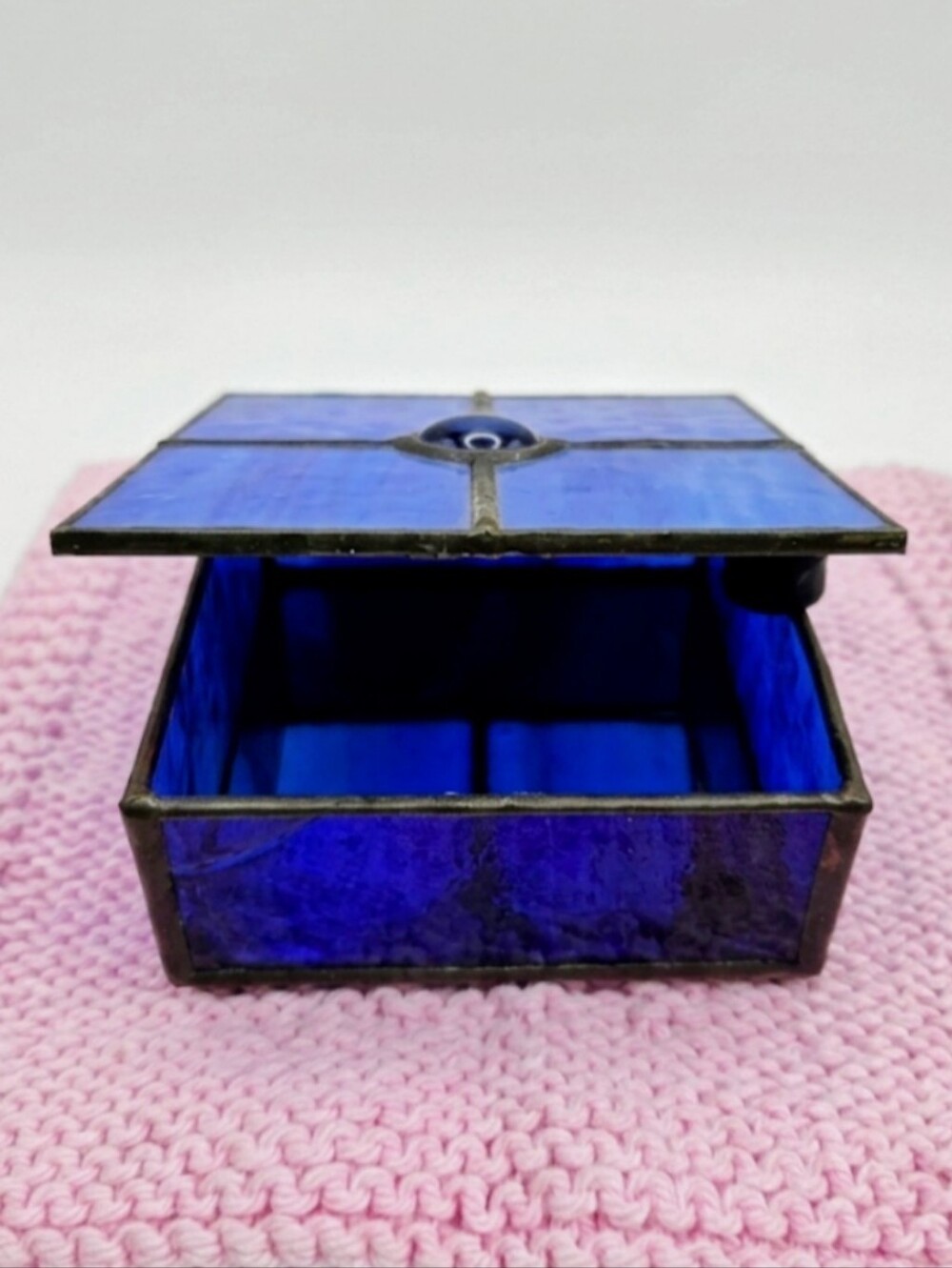 Vintage Blue Stained Glass Mirrored Trinket Box